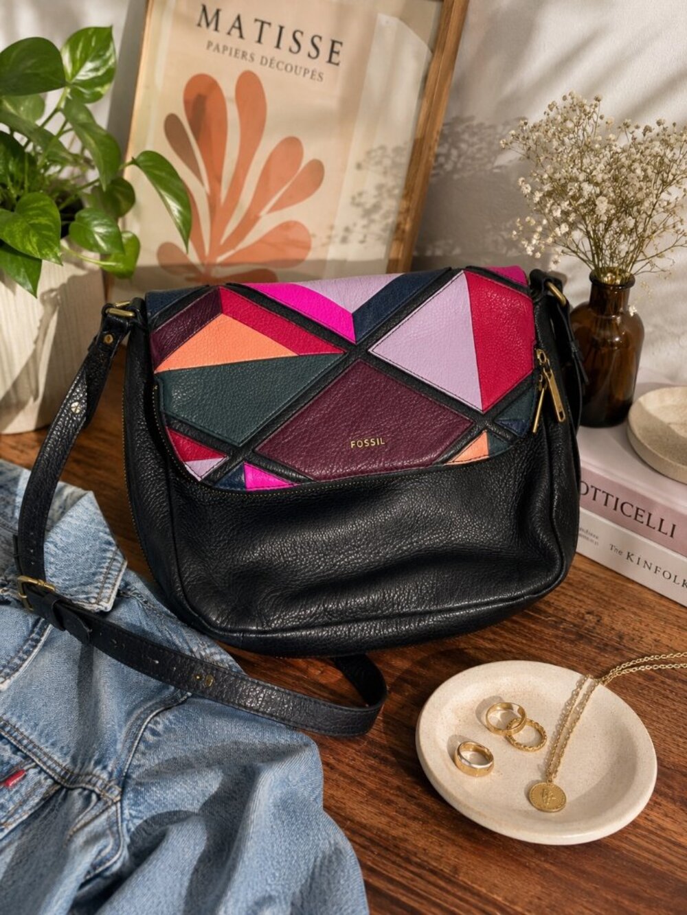 Fossil Geometric Patchwork Leather Shoulder Bag – Colorblock Boho Purse